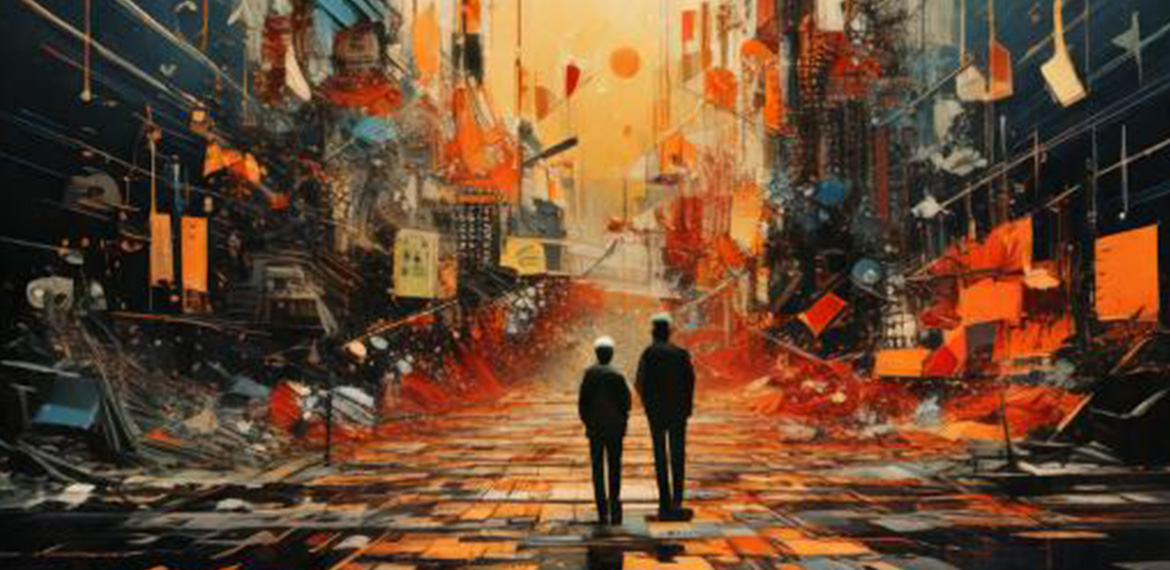 AI generated image that shows humans  walking down a street within a artsy style digital world with floating shapes mostly ornage and black in color